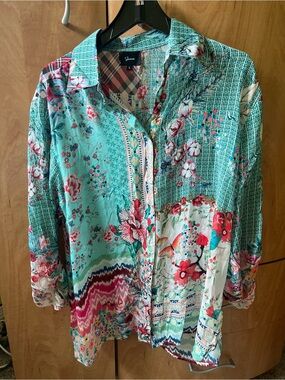 Shana Teal Floral Button-Up Blouse